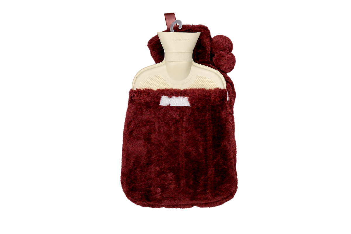 Open burgundy hot water bottle with background removed