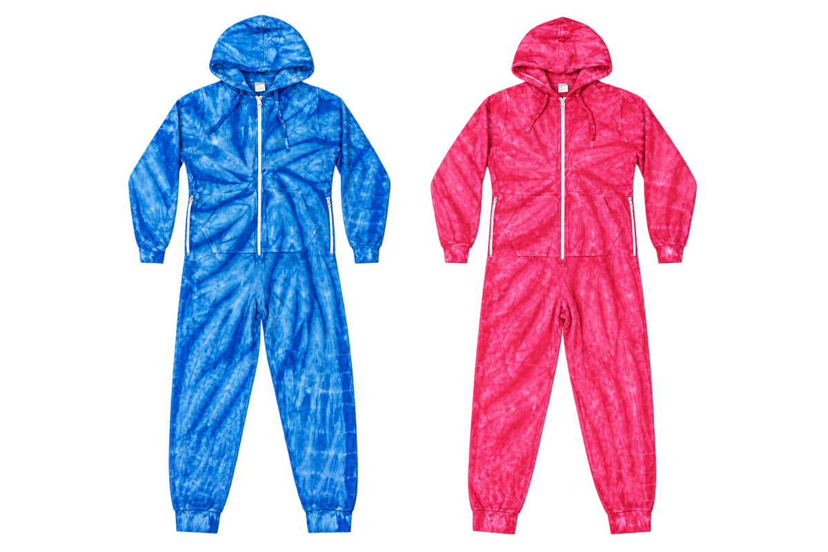 Blue and pink tie-dye onesies side by side