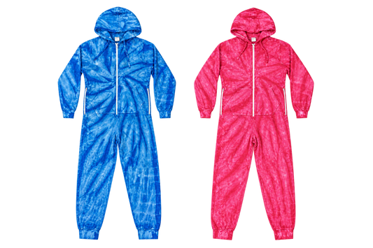 Blue and pink tie-dye onesies side by side